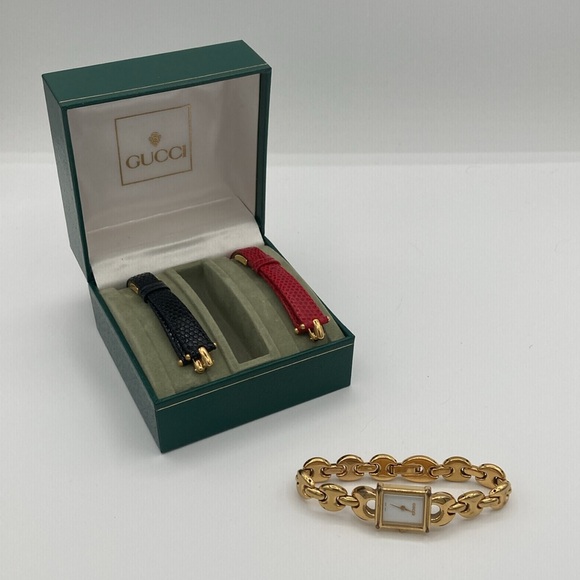 Vintage GUCCI Swiss Made Gold watch with Black/Red Bands w/ Original Boxes -HOT! - Picture 8 of 14
